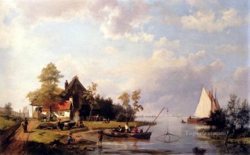 ヘルマナス・コエクック Snr Painting - フェリーとボートを修理する人物のある川の風景 ヘルマナス Snr ケッコック海景ボート